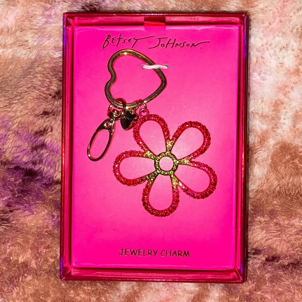 Betsey Johnson Pink and Green Glitter Flower Keychain Charm
